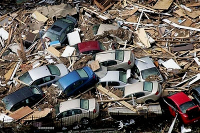 Cars piled one atop the other